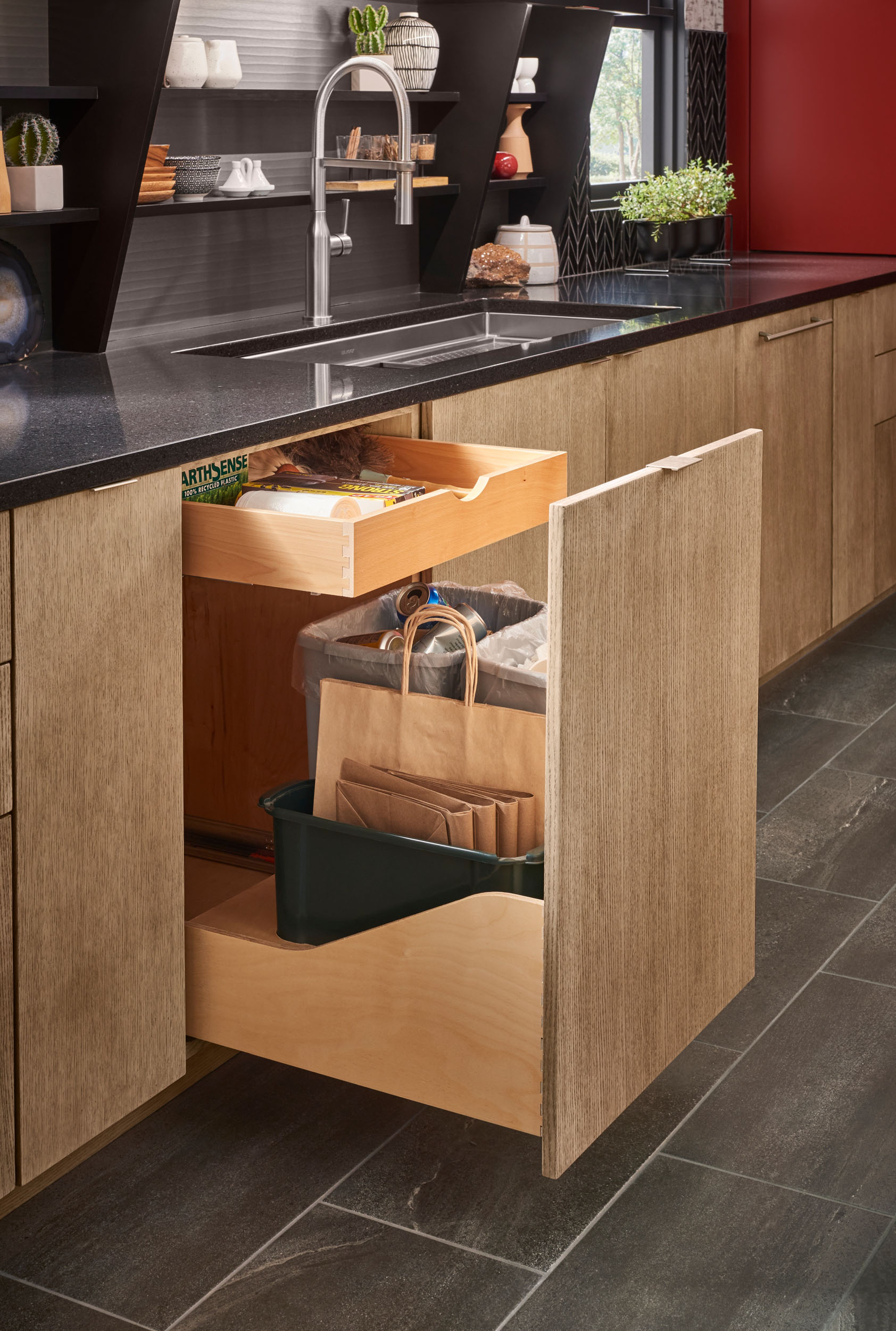 Built In Kitchen Cabinet Hides All Your Garbage Recycling And Compost   2018 Set4 EE DET010 